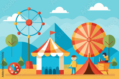 Vibrant flat design carnival scene with ferris wheel and tent