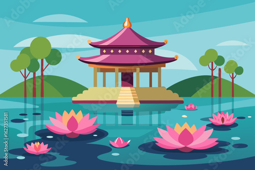 Tranquil asian pagoda overlooking a serene pond with water lilies