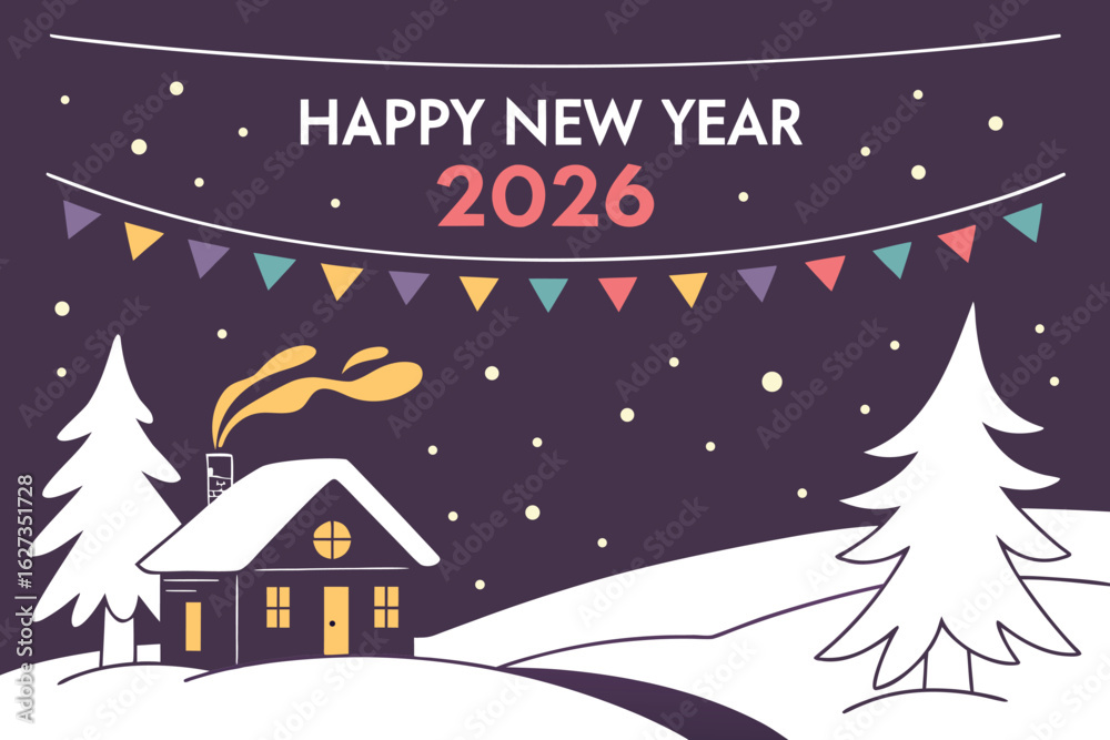 Fototapeta premium Winter cabin scene with snow, pine trees, and Happy New Year 2026 text