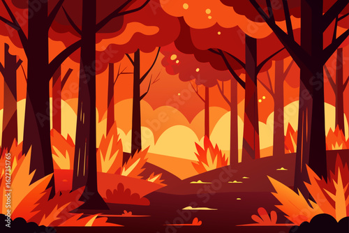 Stylized forest scene with vibrant orange and red flames and foliage