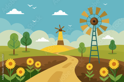 Idyllic countryside scene with windmills and sunflowers