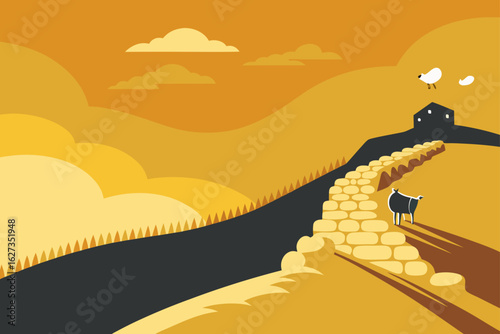 Stylized landscape with a winding path a lone sheep and a distant house under a warm sky