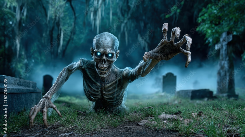 Fototapeta premium Dark fantasy photography, wide-angle shot of a wraith standing on the right side of the image, its ethereal form dissolving into mist, hollow eyes staring, background of a fog-shrouded graveyard with
