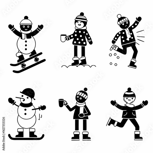 Illustration of winter activities with snowmen and people in black and white simple vector graphics | editable eps vectors silhouette