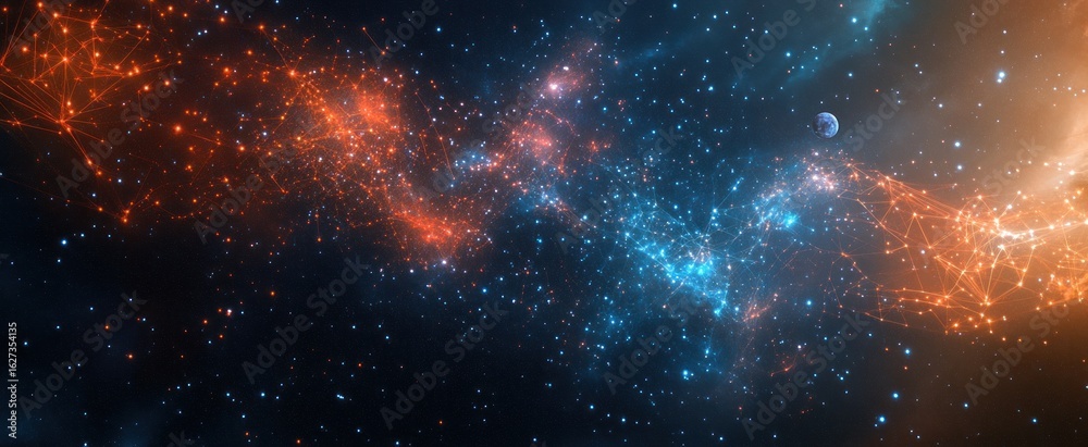 Fototapeta premium Abstract image of a astronavt in the form of a starry sky or space, consisting of points, lines, and shapes in the form of planets, stars and the universe. 3D Render illustration space wireframe