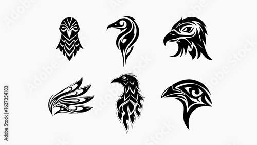 Collection of six tribal style black and white bird designs featuring eagles and other birds of prey | editable eps vectors silhouette
