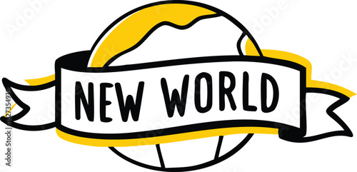 Globe icon with ribbon announcing new world