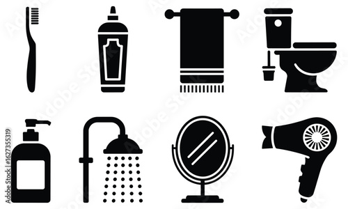 Bathroom Hygiene and Grooming Items in Black Silhouette toothbrush toothpaste