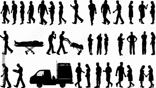 Silhouette depiction showcasing various people some walking others interacting and a vehicle with a stretcher scene | editable eps vectors