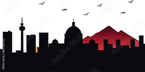 Boreal forest silhouette at sunset with trees and clouds