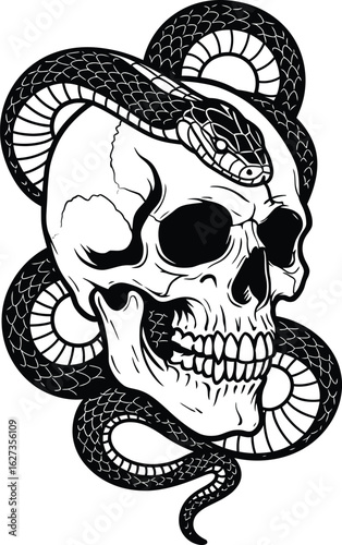 Detailed Skull with Coiled Snake Vector Illustration: A Potent Symbol of Death, Danger, and Temptation, Ideal for Gothic, Tattoo, and Edgy Designs.