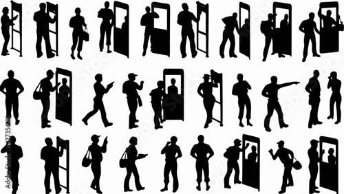 Silhouette illustration showing people interacting with security checkpoints and doorways in various poses | editable eps vectors