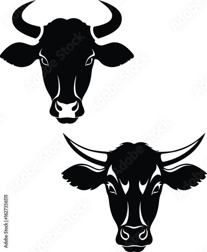 Pair of Striking Cow and Bull Head Silhouettes: Detailed Vector Illustrations Ideal for Agriculture, Dairy, and Farm-Themed Logos and Emblems.