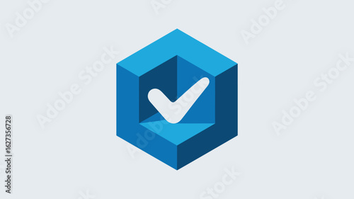 A blue isometric cube with a recessed center containing a white check mark on a light gray background