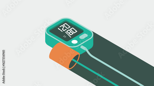 Isometric illustration of a blood pressure monitor displaying a reading of one twenty over eighty