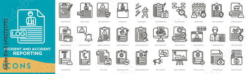 Incident and Accident Reporting icon line set. Incident Report Form, Accident Log Sheet, Safety Incident Tracker, Injury Report File, Near Miss Record and Event Description Note