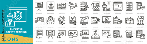 Employee Safety Training icon set. Safety Training Module, Workplace Hazard Guide, PPE Usage Instruction, Fire Safety Drill, Emergency Response Plan and First Aid Workshop