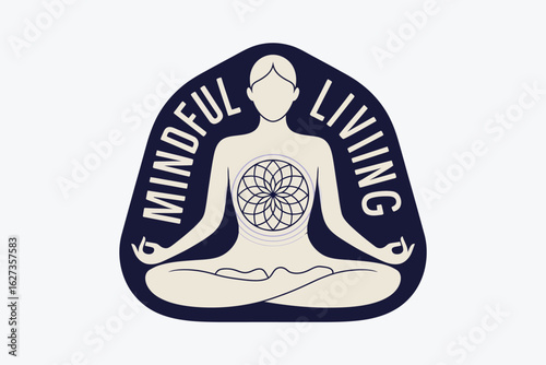 Illustration of a person in lotus position with mindful living text on a blue background shape