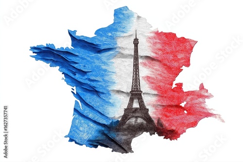Eiffel Tower in Paris on map of France in colors of French flag of France on a white isolated background. Patriotic holiday banner template for Bastille Day and about tourism and travel