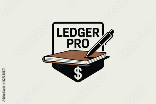 A logo featuring the words ledger pro above a book with a pen and a dollar sign beneath the book shape