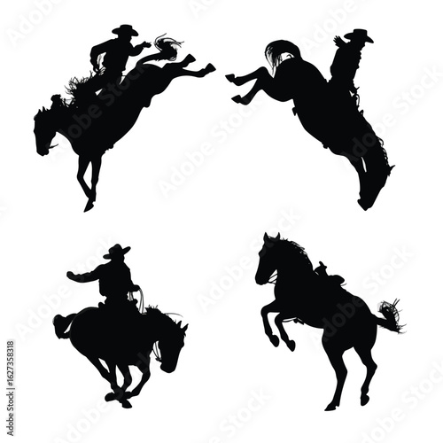 vector illustration of cowboy bucking horse silhouette set, Black & White silhouette set
