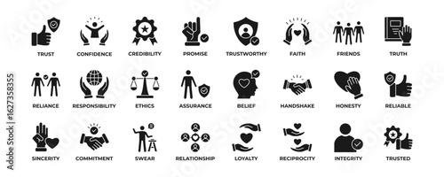 Trust solid icon collection set. Containing confidence, credibility, promise, trustworthy, friends, truth, faith, sincerity and honesty. Simple solid vector illustration.