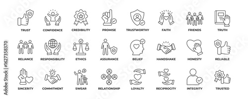 Trust line icon collection set. Containing confidence, credibility, promise, trustworthy, friends, truth, faith, sincerity and honesty. Simple line vector illustration.