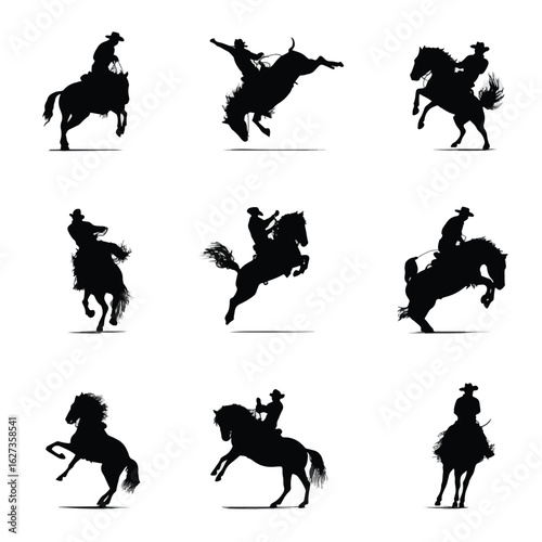 vector illustration of cowboy bucking horse silhouette set, Black & White silhouette set
