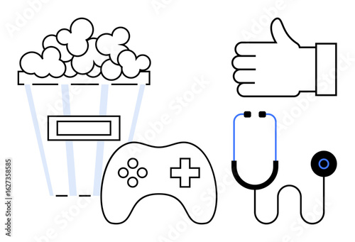 Popcorn bucket, game controller, stethoscope, and thumbs-up icon combine fun, health, and positivity. Ideal for entertainment, gaming, healthcare leisure feedback wellness or a simple landing