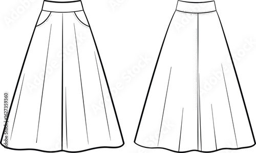 cad drawing flat vector illustration, fashion technical sketch, skirt front back view, pocket detail, vertical seams, waistband, garment design, template