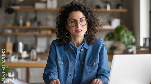 Women leadership and social impact concept, Professional woman working on a laptop in a modern workspace.