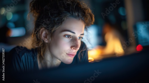 Women leadership and social impact concept, Focused woman working intently on a computer in a dimly lit environment.