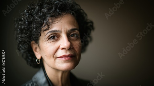 Women leadership and social impact concept, Portrait of a mature woman with curly hair and a thoughtful expression.