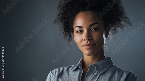 Women leadership and social impact concept, Confident woman with curly hair in moody lighting.