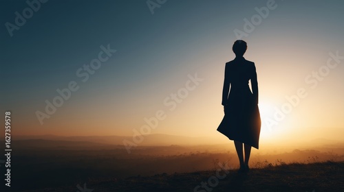 Women leadership and social impact concept, Silhouette of a person walking towards a glowing sunset horizon.