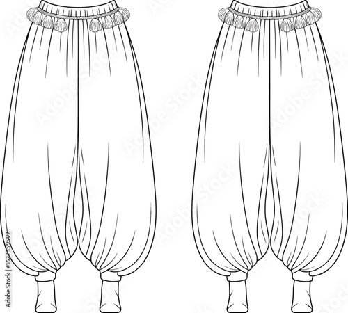 cad drawing flat vector illustration, fashion technical sketch, loose fit pants front back view, tassel waistband, elastic cuffs, garment design