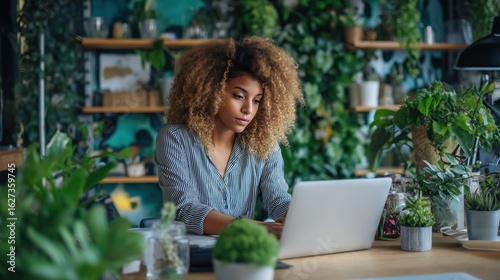 Women leadership and social impact concept, Woman working on a laptop surrounded by indoor plants.