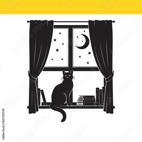 Midnight Muse Black Cat Gazing at Night Sky Through Window