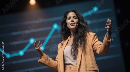 Women leadership and social impact concept, Dynamic speaker presenting on stage with a graph backdrop.