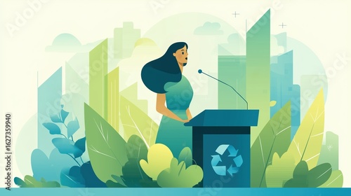 Women leadership and social impact concept, Woman speaking at a podium with green cityscape and plants in background.