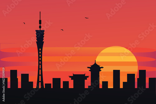 Hangzhou skyline silhouette with sunset and flying birds