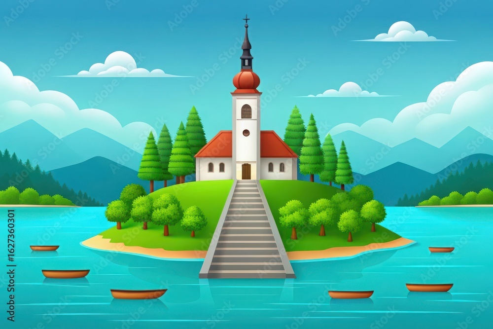 Naklejka premium Idyllic island church with boats on a serene lake