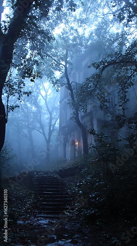 Old abandoned haunted house on a forest hill, pale moonlight shining through dense fog, spooky gothic vibe