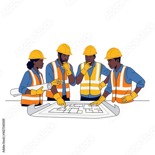 A diverse team of construction workers, wearing safety vests and hard hats, collaboratively review building blueprints on a white backdrop, planning a new project.