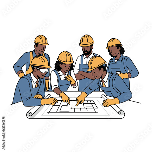 A team of six diverse construction engineers collaborates around a large blueprint, reviewing plans and pointing out details in a collaborative design session.
