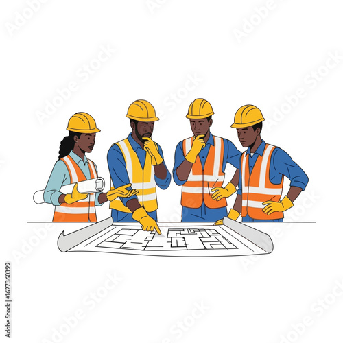 A team of four diverse construction engineers collaborates on a detailed blueprint, reviewing plans and discussing project details together.