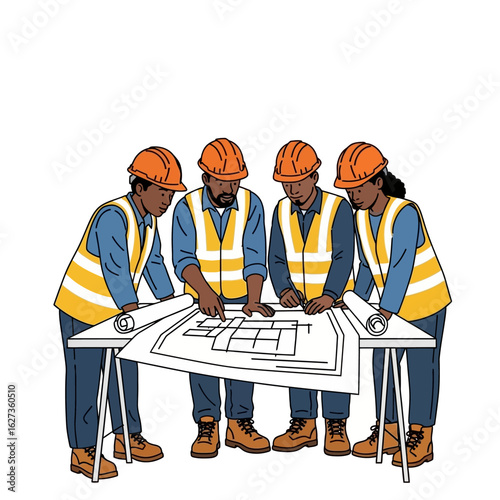 A diverse team of construction workers, wearing hard hats and safety vests, collaborates closely over architectural blueprints, planning and discussing a new project's design.