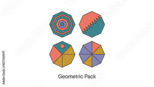 A collection of four geometric designs featuring octagons with various patterns and color combinations