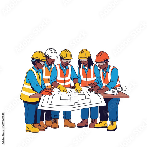 A team of five diverse construction workers collaborates around a large blueprint, reviewing plans and details for a building project, showcasing teamwork and planning in the industry.