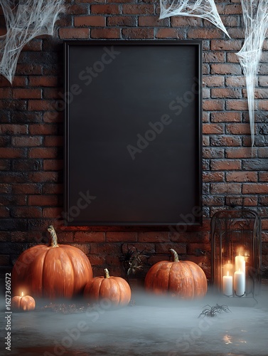 Halloween poster mockup, empty black frame on brick wall, fog at the bottom, glowing pumpkins and cobwebs
